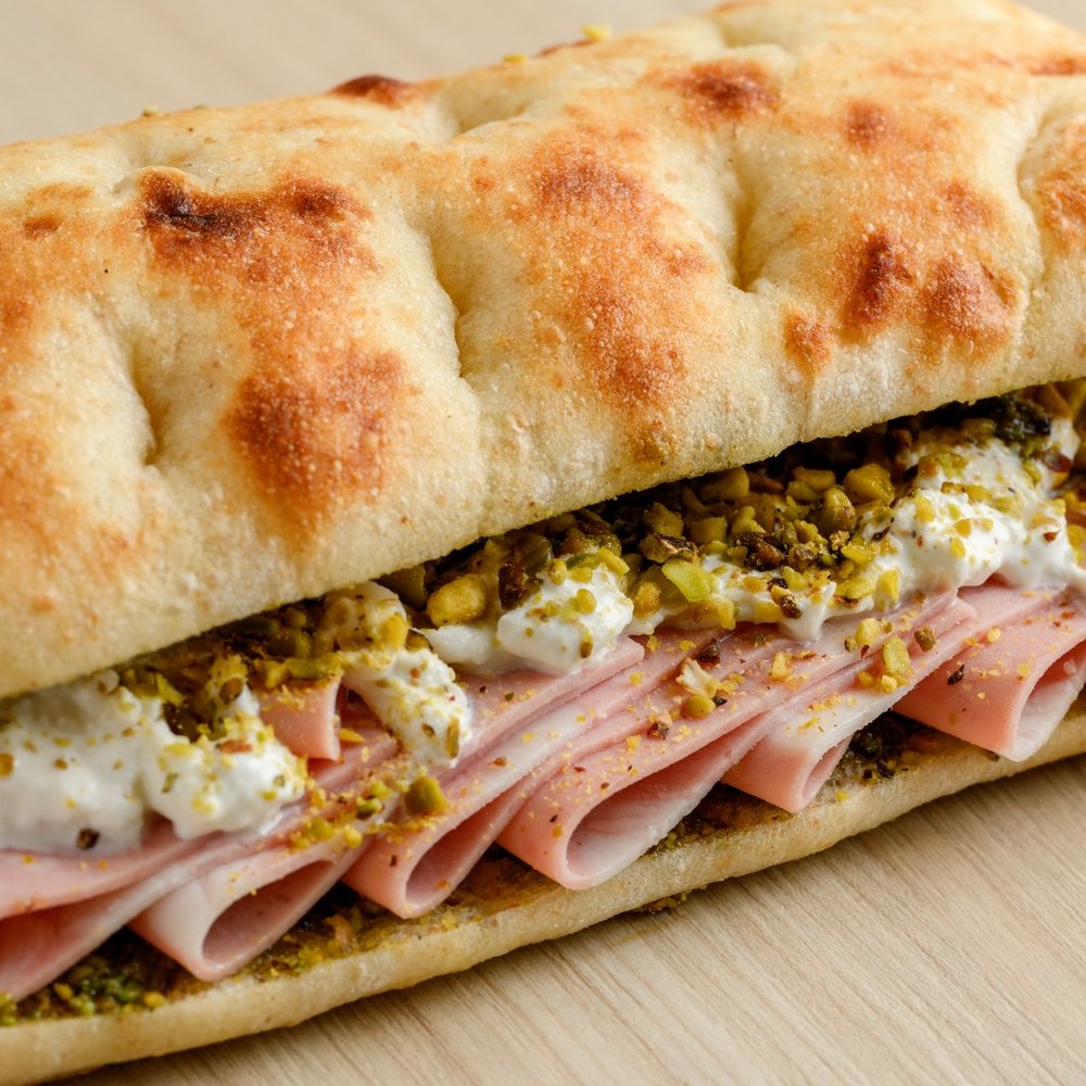 Mortadella and burrata panini with pistachio pesto
